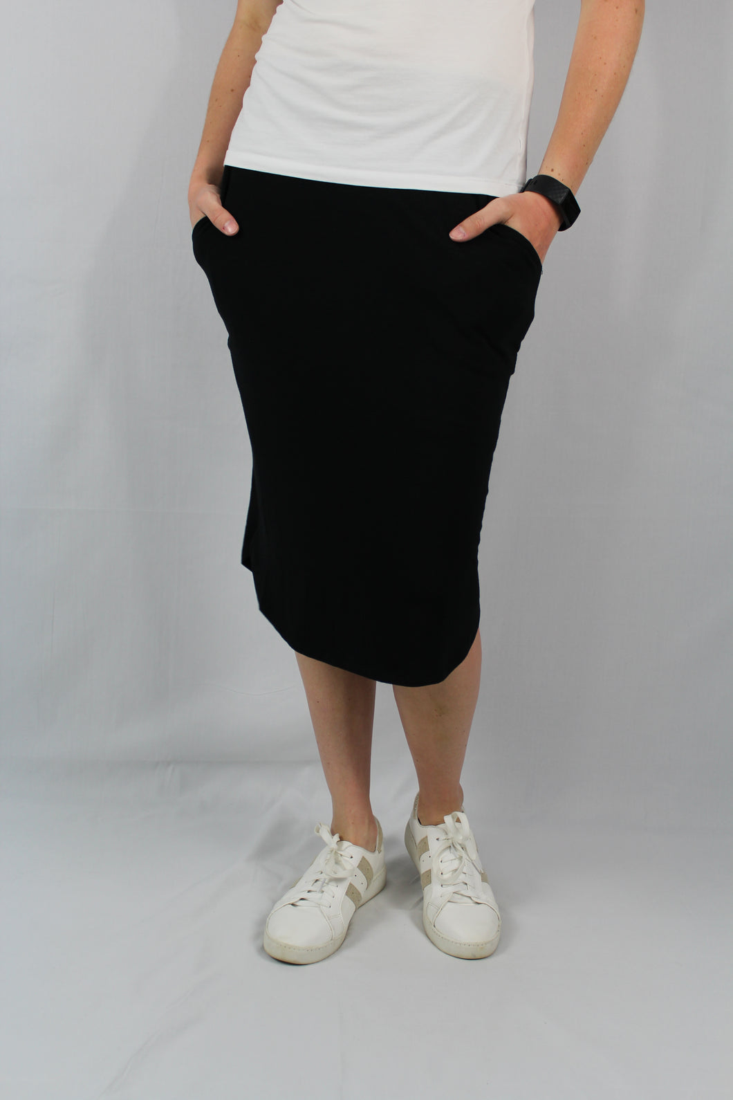 Elastic Waist Skirt with Pockets-Black- 2X,3X
