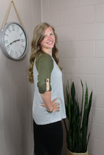 Load image into Gallery viewer, Army Green Raglan Sleeve Splicing Striped Top with Pocket- S, M
