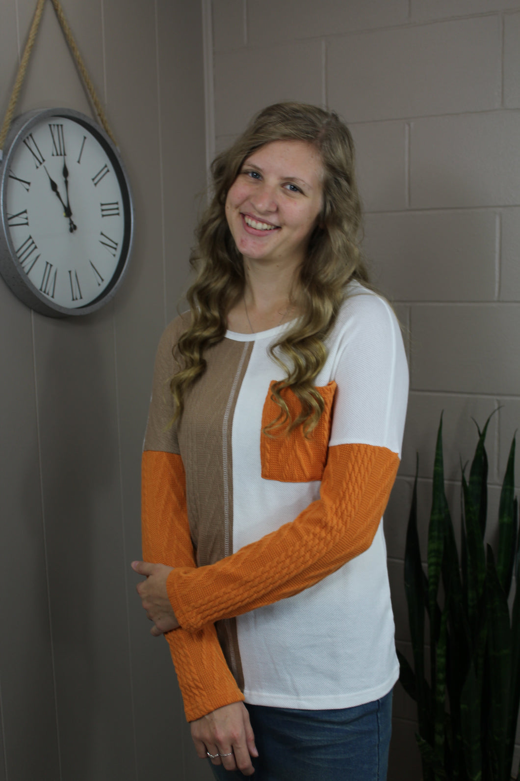 Orange Long Sleeve Colorblock Chest Pocket Textured Knit Top (S-3X)