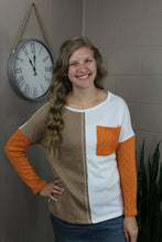 Load image into Gallery viewer, Orange Long Sleeve Colorblock Chest Pocket Textured Knit Top (S-3X)
