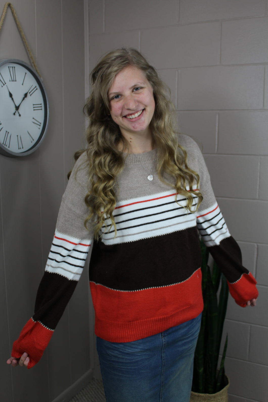 Color Block Striped Knit Oversize Sweater (S-2X)