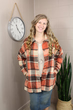 Load image into Gallery viewer, Orange Plaid Print Buttoned Shacket with Pockets- L, XL
