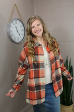 Load image into Gallery viewer, Orange Plaid Print Buttoned Shacket with Pockets- L, XL
