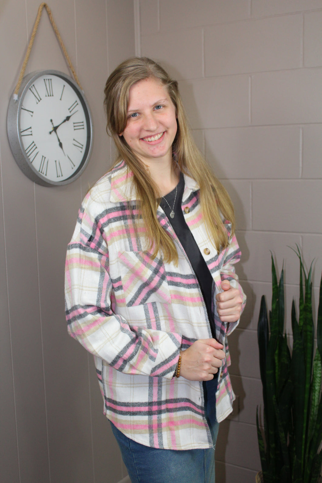 Pink Plaid Button Front Chest Pocket Shacket (S-2X)