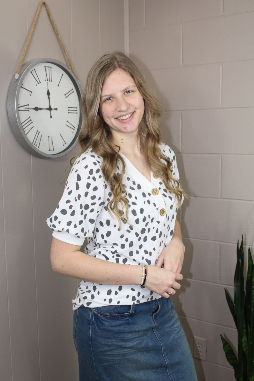 Button Trim Animal Print Top (S-XL)