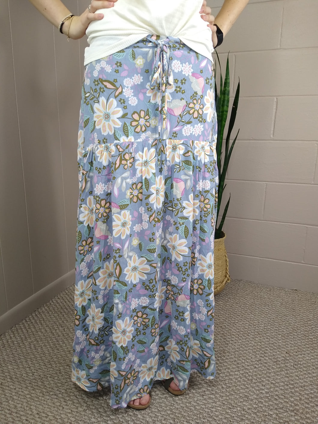 Ash Blue Floral Dual Drawstring Tiered Ruffle Maxi Skirt (S-L)