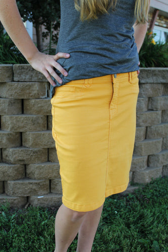 yellow denim jean skirt