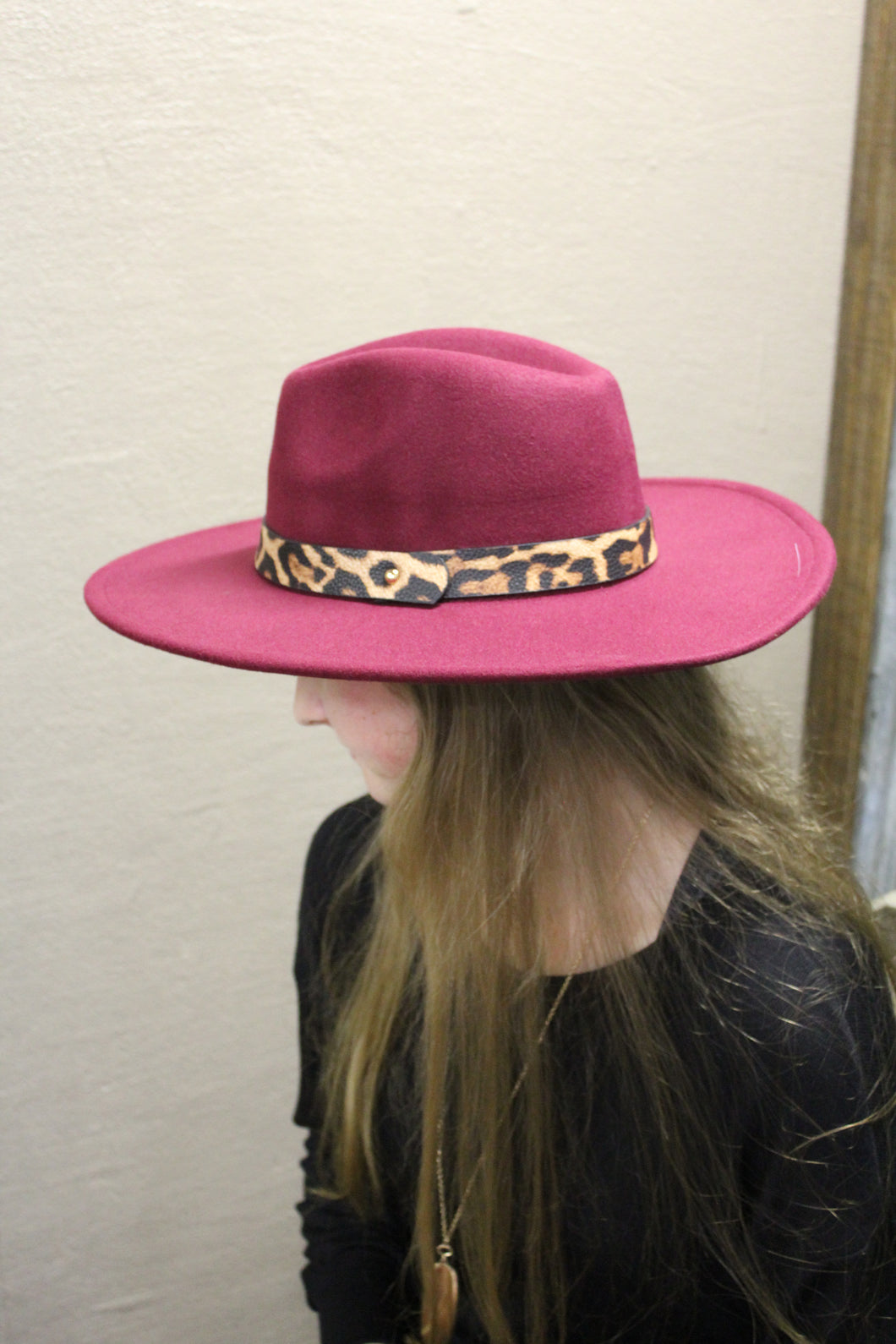 Burgundy Hat with Leopard Band