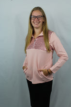 Load image into Gallery viewer, Pink Half Zip Sequin Patchwork Ribbed Pullover- S, M
