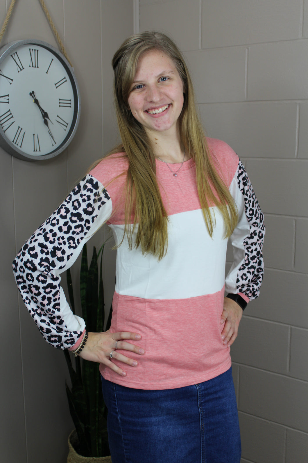 Red Leopard Color Block Long Sleeve Top (S-2X)