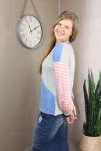 Load image into Gallery viewer, Sky Blue Striped Patchwork Color Block Long Sleeve Top (S-L)
