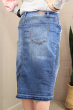 Load image into Gallery viewer, Indigo Wash Distressed Midi Denim Skirt- M, XL
