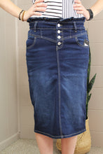 Load image into Gallery viewer, Stretch Denim Ruffle Waist Band Midi Skirt (XS-3X)
