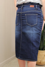 Load image into Gallery viewer, Stretch Denim Ruffle Waist Band Midi Skirt (XS-3X)
