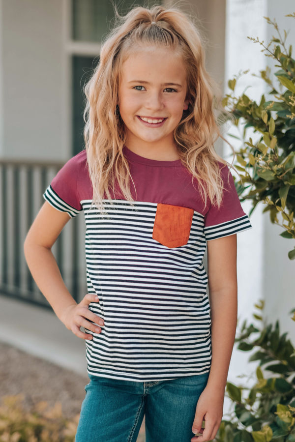 Red Striped Pocket Patched Tee-KIDS